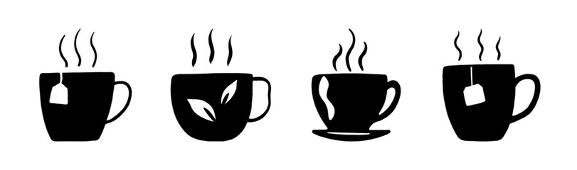 Hot tea cups with steam icon set. various designs, warm beverage concept vector.