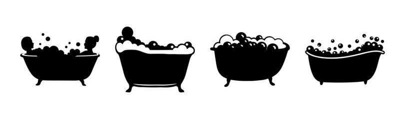 Set of four bathtub silhouettes with bubbles, featuring hygiene, relaxation, and wellness.