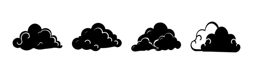 Stylized black cloud icons set, weather forecast element, smoke, graphic design asset