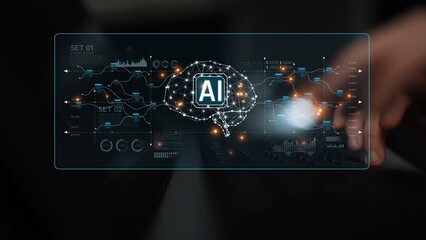 AI neural network and data processing system visualizing artificial intelligence with brain structure, chip, and connected data blocks for computation and learning Marrow