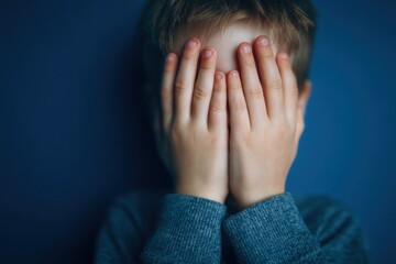 Young boy playfully hiding his face with hands against a blue background, showcasing a moment of shyness or fun during a playful activity