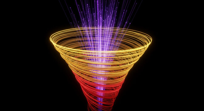 Image of swirling vortex formed by luminous yellow and red lines with purple fiber optic light, representing abstract energy or data transfer