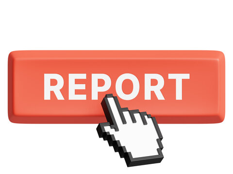 3D illustration of a red &ldquo;Report&rdquo; button with a classic black-and-white hand cursor clicking it, isolated on a transparent background, perfect for UI design, alerts, moderation tools, and interfaces