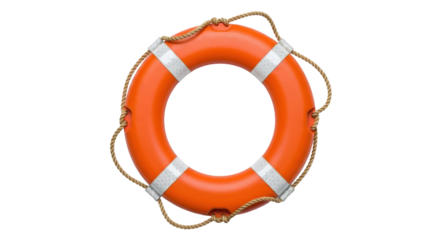 Orange life buoy with rope isolated PNG, safety equipment for swimming pool or boat on transparent background Lifesaver for emergency rescue