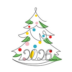 Christmas tree and 2026 &ndash; the number of the coming year. Merry Christmas and Happy New Year. Single black line drawing, continuous line drawing style. Vector illustration isolated on white background.