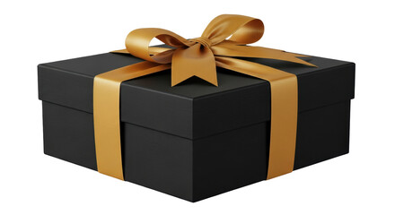 Elegant black gift box with golden ribbon isolated PNG, present for special occasions and celebrations on transparent background