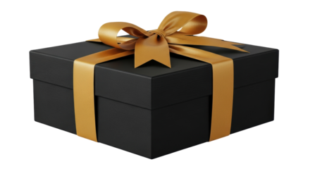Elegant black gift box with golden ribbon isolated PNG, present for special occasions and celebrations on transparent background