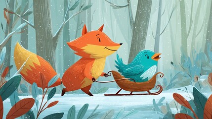 Naklejka premium A whimsical illustration showcases a happy fox pulling a wooden sled with a singing bluebird through a snowy forest, embodying friendship and the joys of winter.