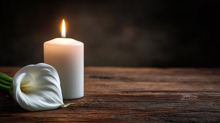 Remembrance scene: A lit candle illuminates a white calla lily on aged wood, set against a somber backdrop, symbolizing respect and reflection with gentle light.