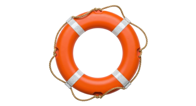 Orange life buoy with rope isolated PNG, safety equipment for swimming pool or boat on transparent background Lifesaver for emergency rescue