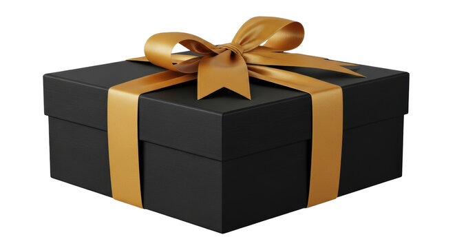 Elegant black gift box with golden ribbon isolated PNG, present for special occasions and celebrations on transparent background - Powered by Adobe