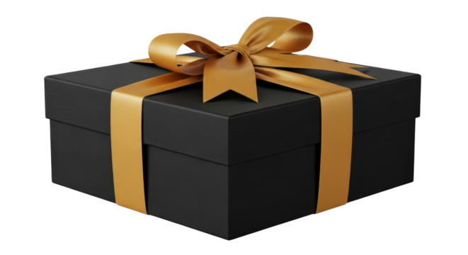 Elegant black gift box with golden ribbon isolated PNG, present for special occasions and celebrations on transparent background