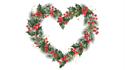 Watercolor Heart Christmas Wreath with Holly Leaves, Pine Branches and Red Berries © Ruwani