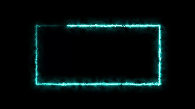 Neon sign in rectangle shape. Bright neon light, illuminated rectangle frame. Glowing blue neon tube on dark background. neon fire photo frame animation