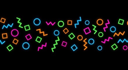 Colorful neon geometric shapes on black background