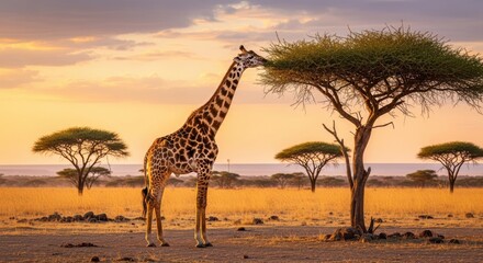 Stunning giraffe peacefully grazing acacia tree at sunset in the African savanna wilderness landscape