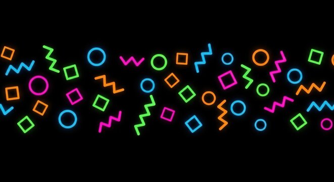 Colorful neon geometric shapes on black background