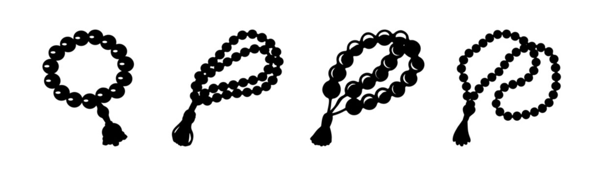 Set of black prayer beads illustrations, traditional religious rosary tasbih misbaha