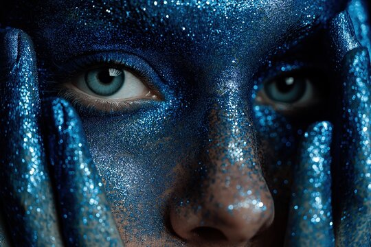 Close-up portrait of a woman with shimmering blue glitter on face and hands, set against a dark background, evoking fashion and beauty themes for editorial or cosmetic branding.