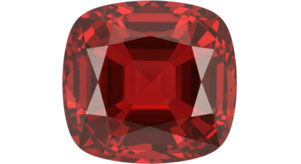 Cushion cut red garnet gemstone isolated PNG, beautiful jewel stone for jewelry design and luxury accessories on transparent background