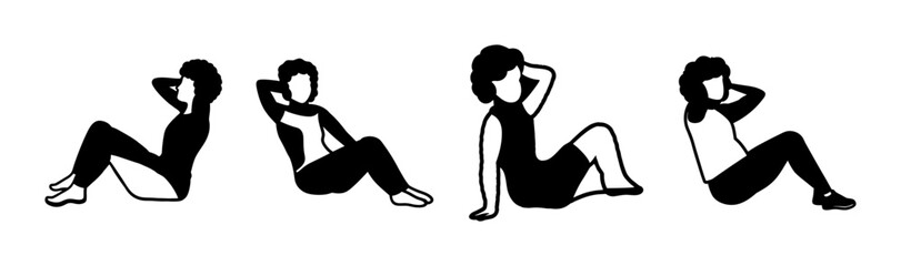 People doing core exercises, abdominal workout, fitness training, active lifestyle.