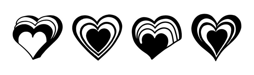 Stylized black and white hearts graphic illustration set with concentric layers.