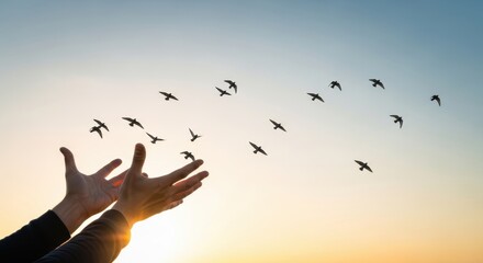 Feel freedom watching birds flying away with hands releasing hope in the warm sunset glow sky