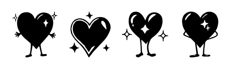 Black cartoon hearts set with playful characters and sparkling love design elements