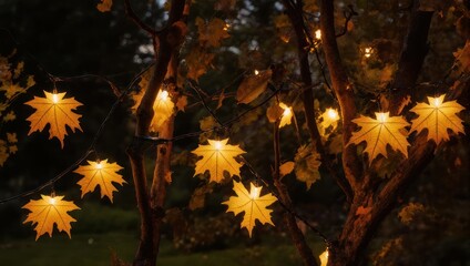 Illuminated maple leaf string lights adorn a tree in an evening scene with soft focus