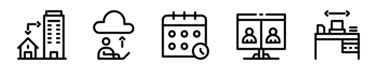 Pack de iconos de trabajo híbrido. Casa hacia oficina, usuario conectado a la nube, calendario con reloj, videollamada grupal y escritorio de oficina. Diseño vectorial lineal