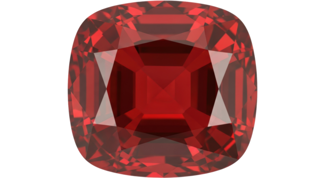 Cushion cut red garnet gemstone isolated PNG, beautiful jewel stone for jewelry design and luxury accessories on transparent background