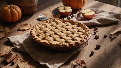 Baked apple pie with lattice crust, pumpkins, apples, spices and autumn leaves on wood