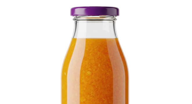 Fresh orange juice in glass bottle isolated PNG, healthy drink for breakfast and refreshment on transparent background - Powered by Adobe