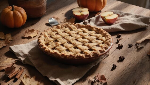 Baked apple pie with lattice crust, pumpkins, apples, spices and autumn leaves on wood - Powered by Adobe