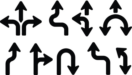 Dynamic collection of black vector arrows showing diverse directions, turns, and paths. Essential icons for navigation, UI design, flowcharts, and symbolizing choices, progress, or movement