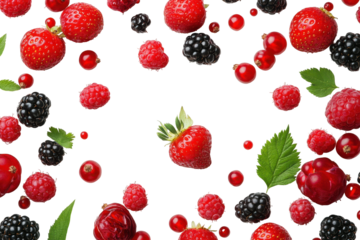 Fresh red berries, including Strawberries, Raspberries, and Currants, are arranged with White Flowers and green Leaves on a seamless White Background