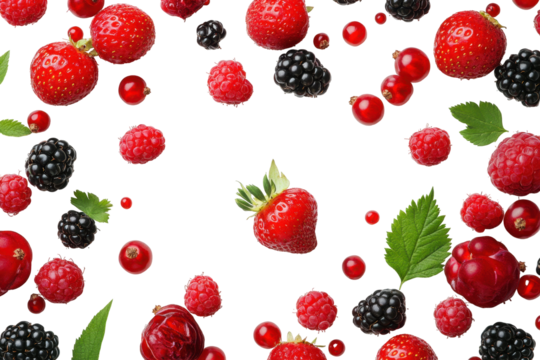 Fresh red berries, including Strawberries, Raspberries, and Currants, are arranged with White Flowers and green Leaves on a seamless White Background