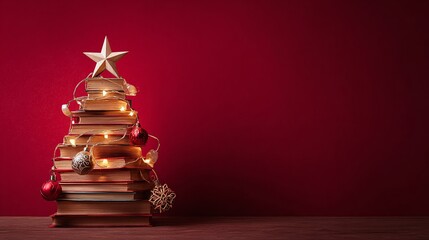 Festive reading! A stack of antique books forms a Christmas tree shape, adorned with fairy lights, ornaments, and a shining star on top. Holiday reading spirit.