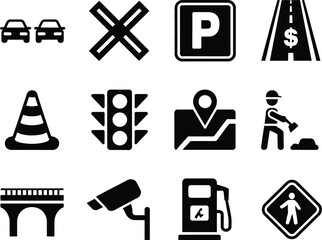 A collection of black silhouette vector icons illustrating key aspects of urban infrastructure, road safety, transportation, and essential city services, useful for modern graphic design