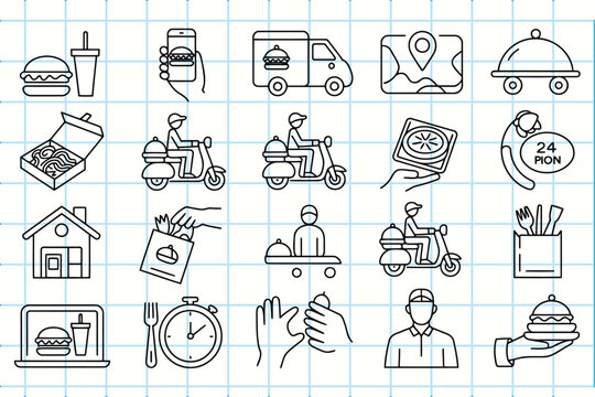 Food delivery and online ordering service doodle line icons set