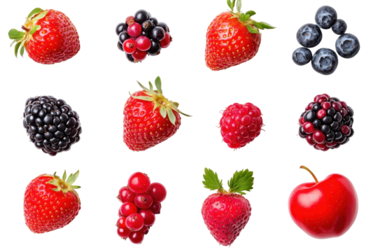 Fresh red berries, including Strawberries, Raspberries, and Currants, are arranged with White Flowers and green Leaves on a seamless White Background