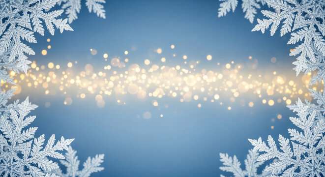 Image of crystal snowflake and bokeh lights on blue background, representative of winter season, holiday celebration, and sparkling festive atmosphere