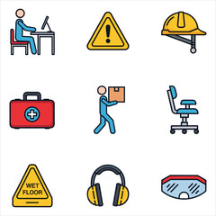 Safety, work, office, and industrial flat line icons vector set. isolated on white background, Vector