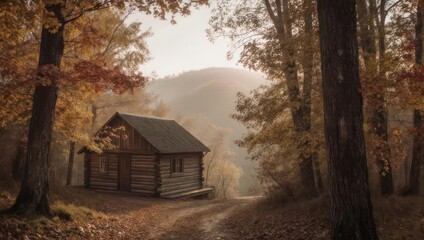 Rustic wooden cabin nestled amongst fall foliage and trees, with a foggy mountain backdrop