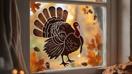 Thanksgiving window display with a turkey silhouette, fall leaves, and autumn colors