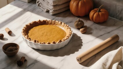 Close-up of pumpkin pie with gourds, spices, and rolling pin on a marble surface