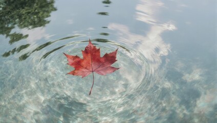 A vibrant red maple leaf floats on the surface of clear water, generating concentric ripples