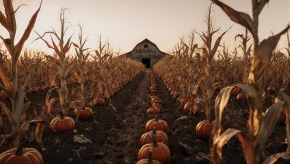 An eye-level perspective of a pumpkin patch leading to a rustic barn, under an orange sky