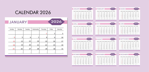 Calendar 2026. calendar template on violet background. week starts on sunday