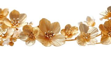 Golden floral arrangement featuring several flowers with golden petals and crystal accents, arranged with some reflected on a clean white background